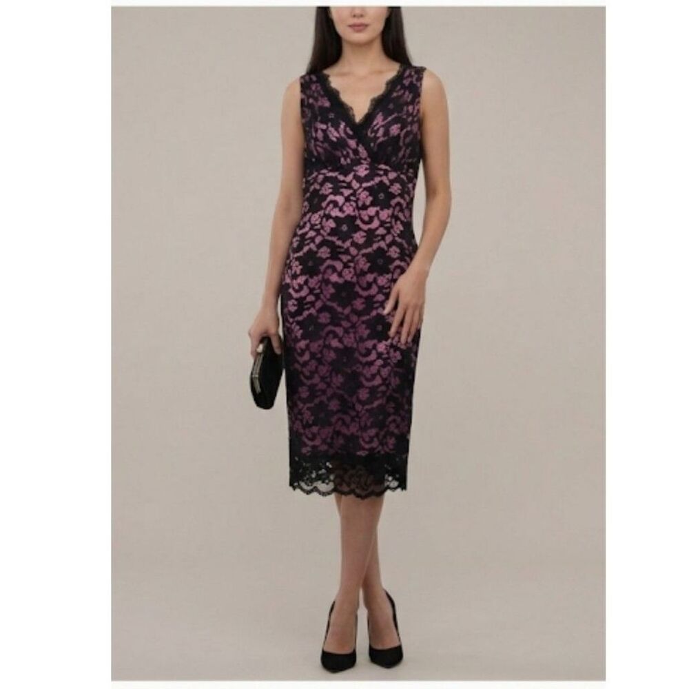 VTG Mica Black Floral Lace Midi Dress Pink Underlay Scallop Hem Size L